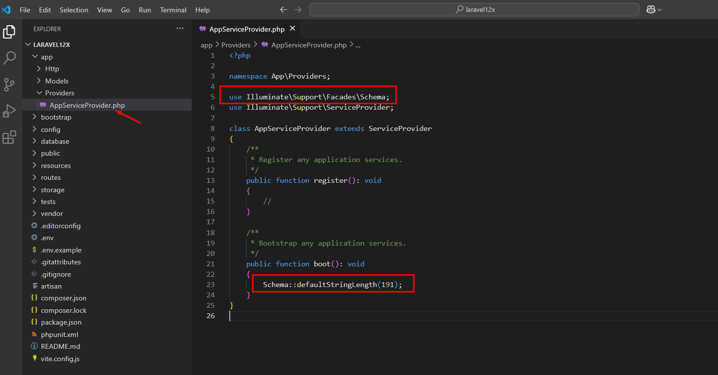 install Laravel framework 12.x db migration fix max string length
