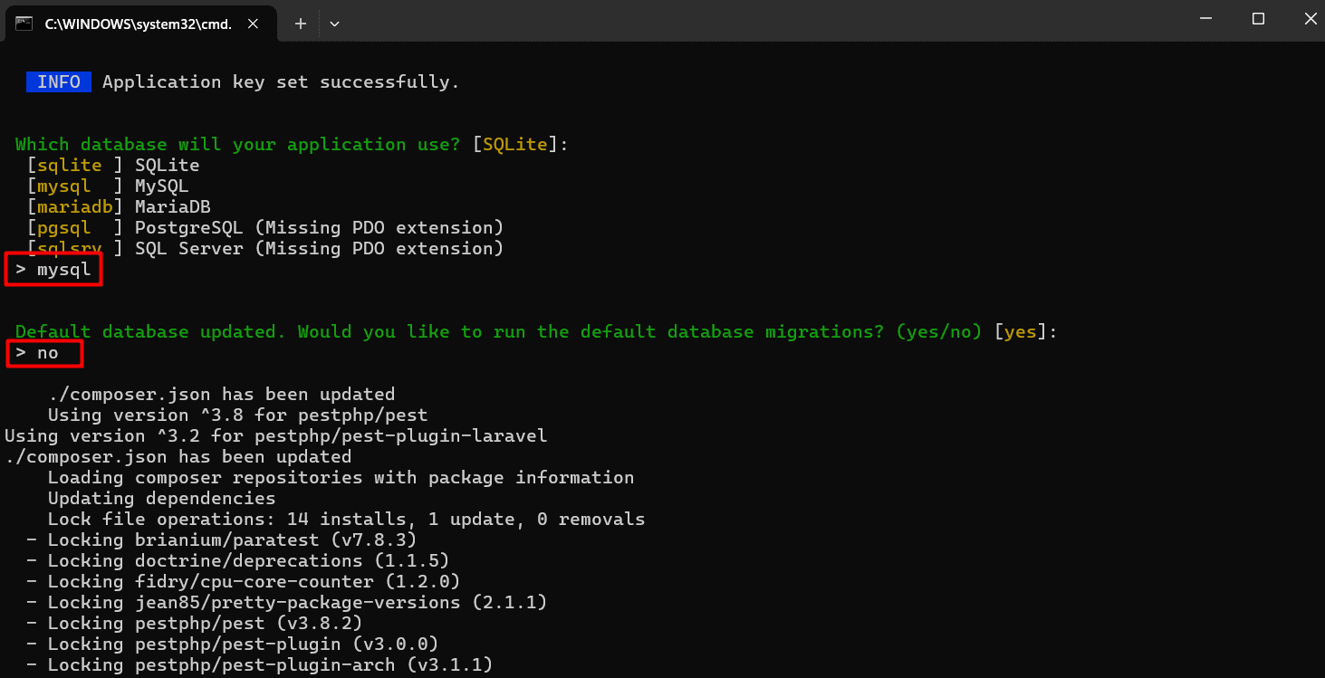 install laravel 12x on window and mysql connection