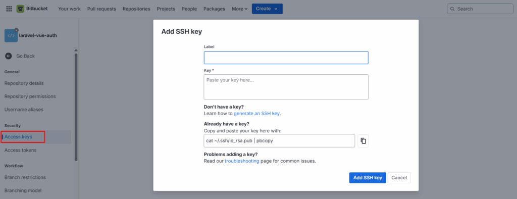 Add the SSH Key to Bitbucket